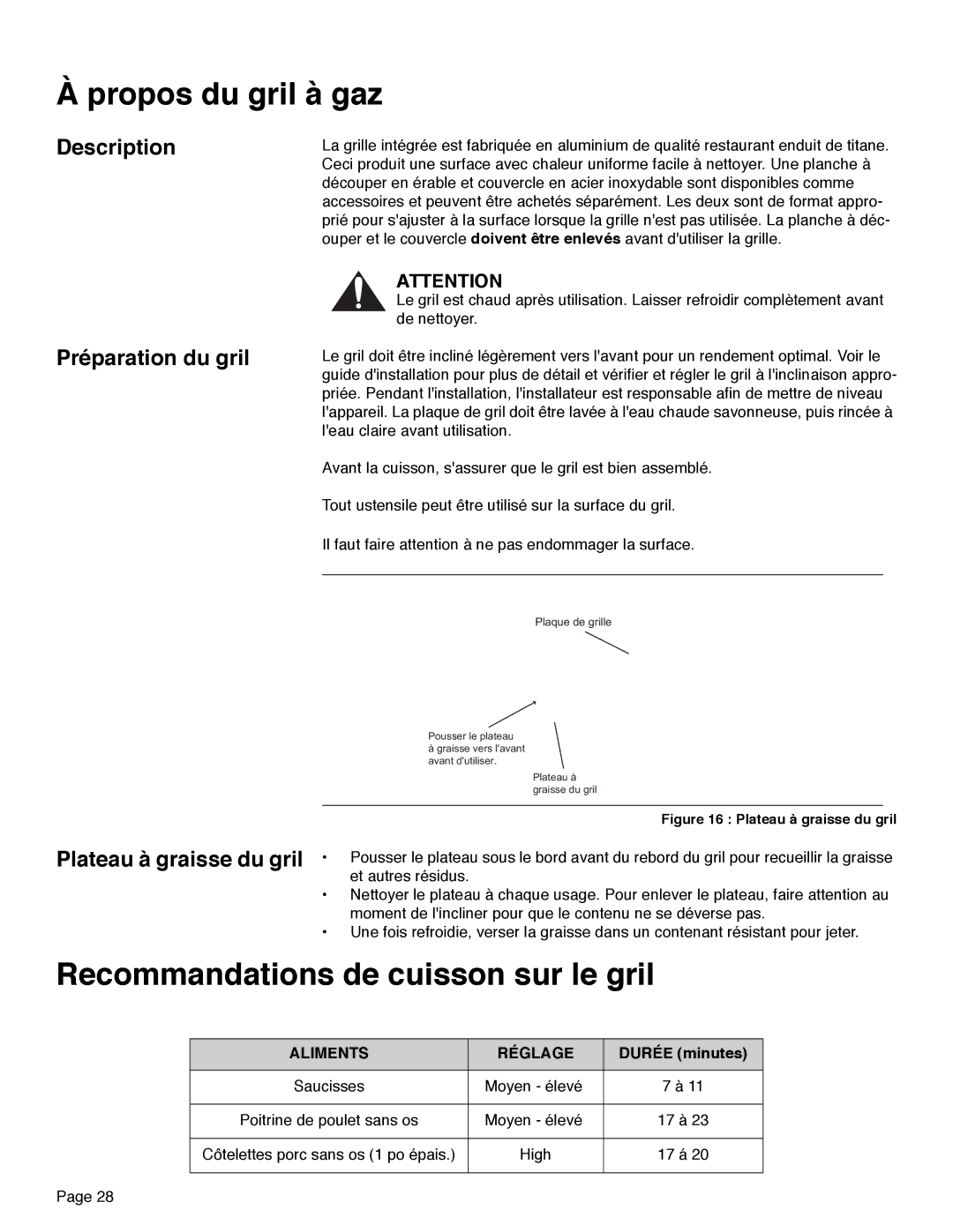 Thermador PRD30, PRD48, PRD36 manual Préparation du gril, Durée minutes 