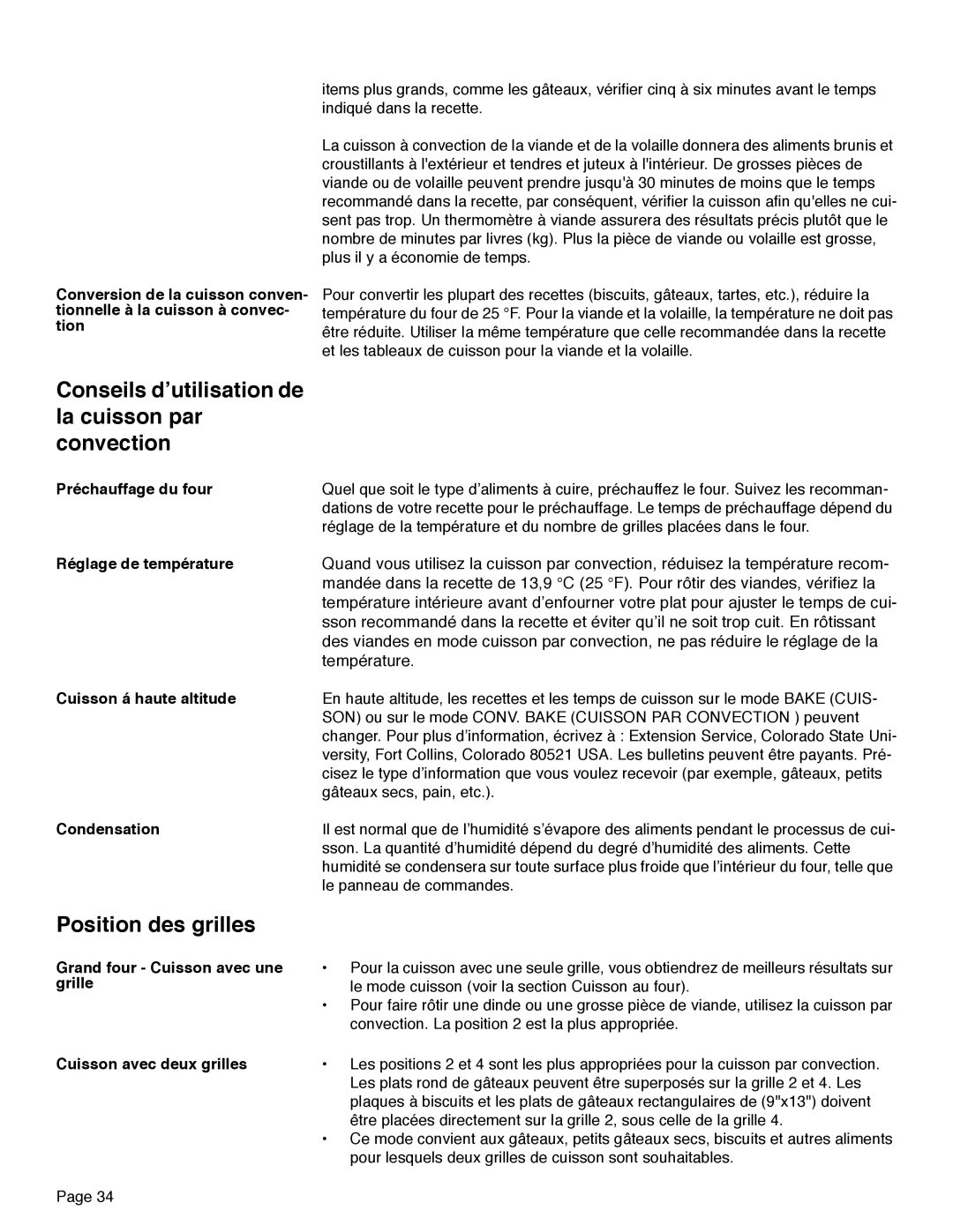 Thermador PRD30, PRD48, PRD36 manual Conseils d’utilisation de la cuisson par convection, Position des grilles 