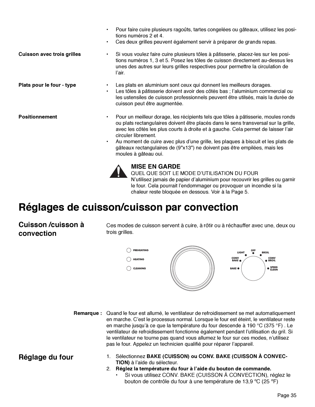 Thermador PRD48 Réglages de cuisson/cuisson par convection, Cuisson /cuisson à convection, Réglage du four, Positionnement 