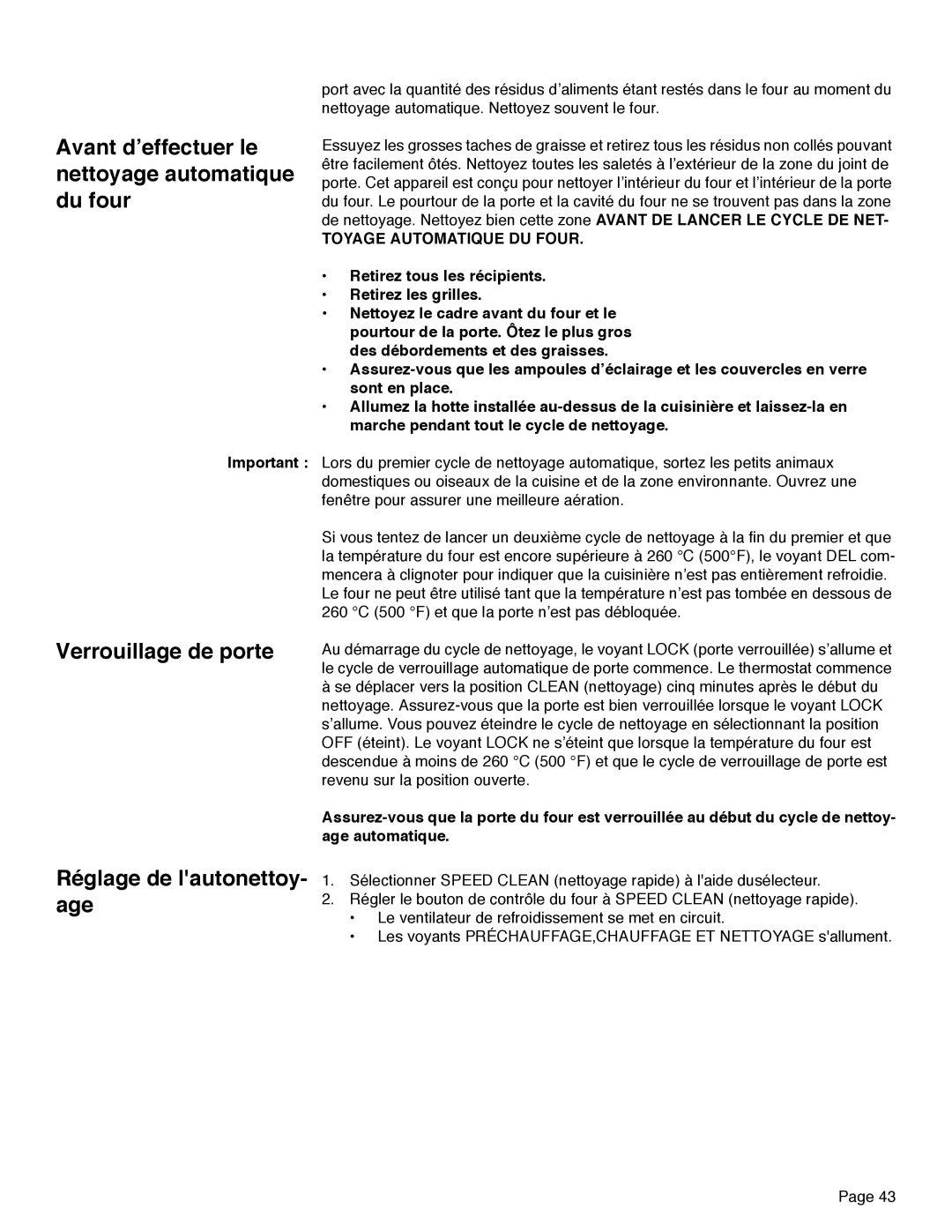 Thermador PRD30 Avant d’effectuer le nettoyage automatique du four, Verrouillage de porte Réglage de lautonettoy- age 