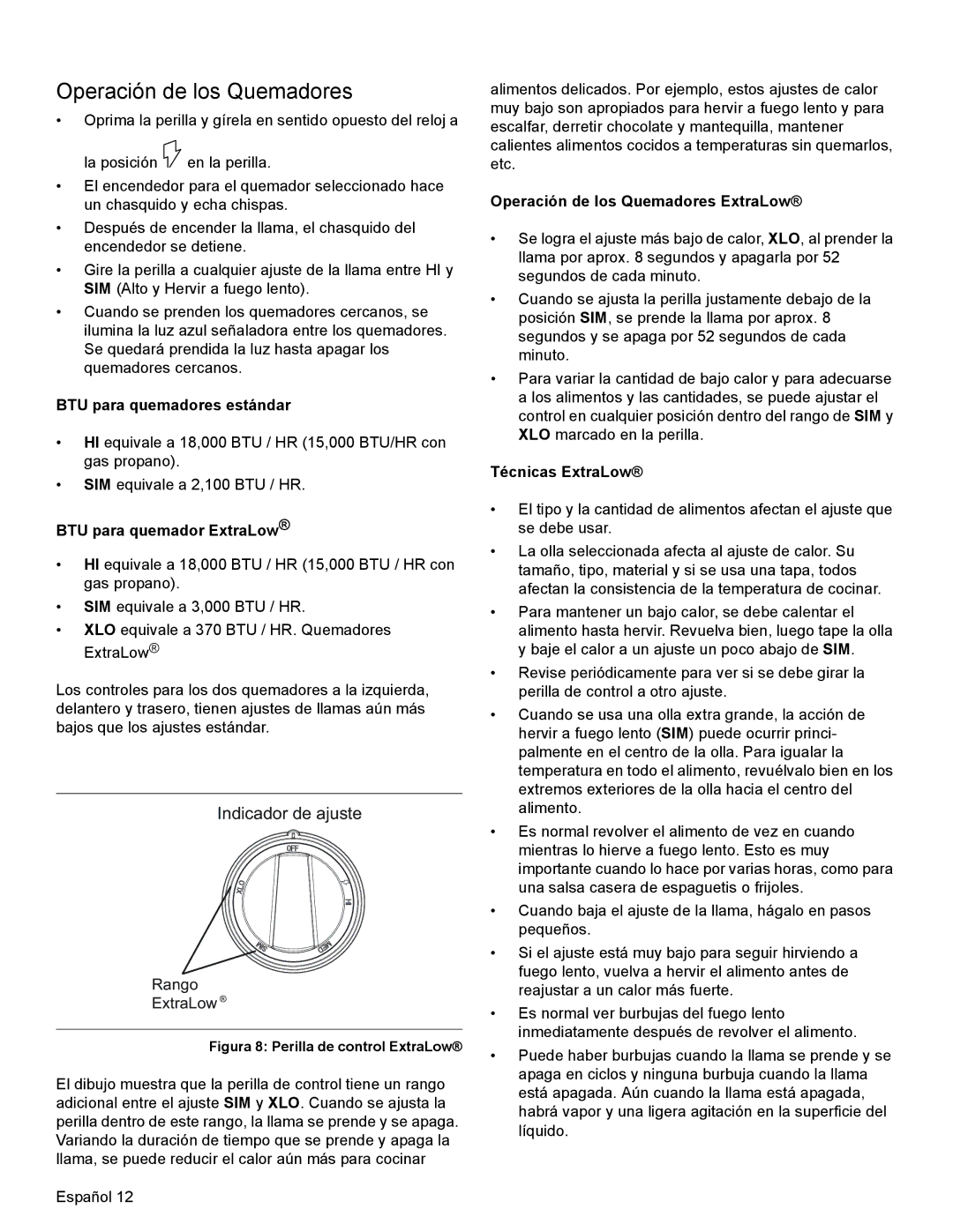 Thermador PRD36 Operación de los Quemadores, BTU para quemadores estándar, BTU para quemador ExtraLow, Técnicas ExtraLow 