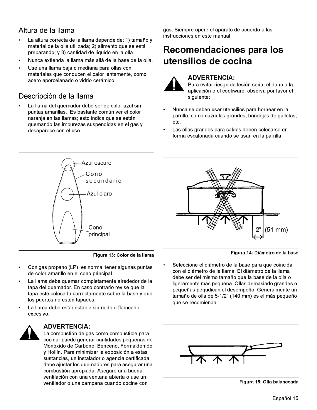 Thermador PRD36, PRD48, PRD30 Recomendaciones para los utensilios de cocina, Altura de la llama, Descripción de la llama 