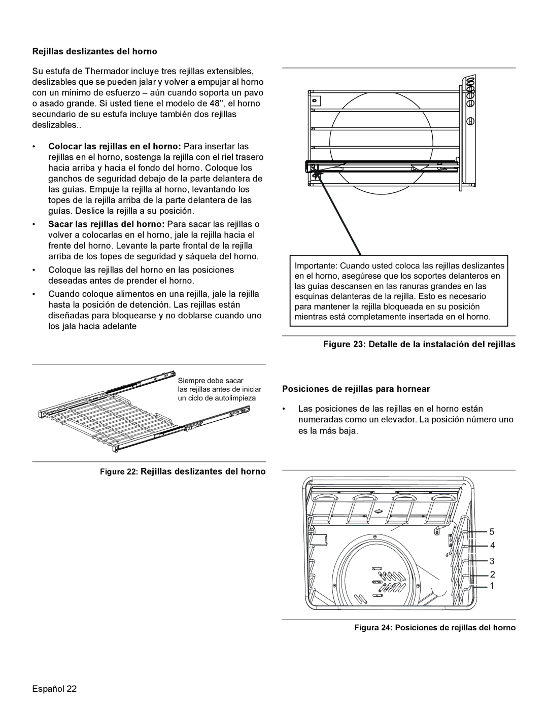 Thermador PRD30, PRD48, PRD36 manual Rejillas deslizantes del horno, Figura 24 Posiciones de rejillas del horno 