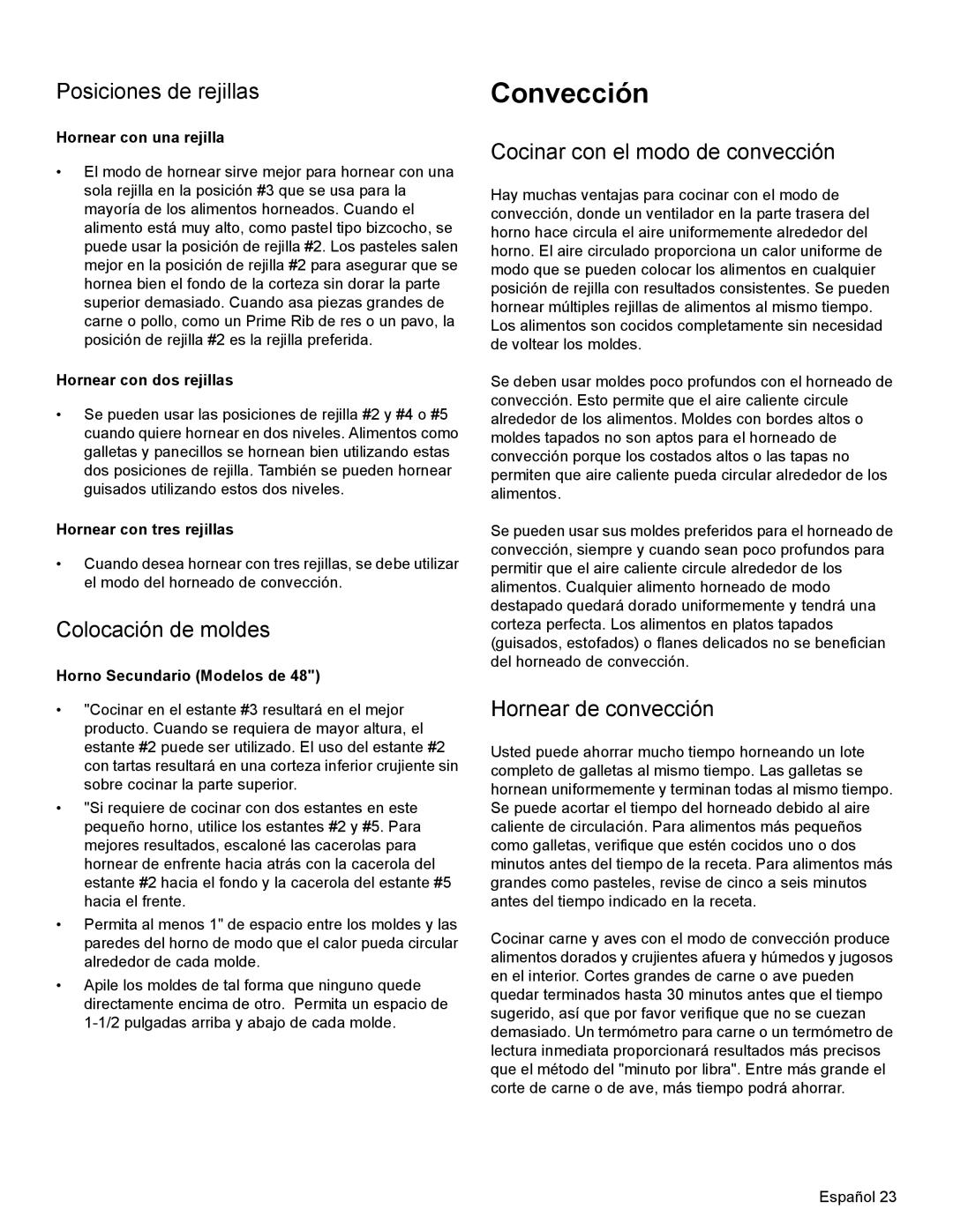 Thermador PRD48, PRD36, PRD30 Convección, Posiciones de rejillas, Colocación de moldes, Cocinar con el modo de convección 