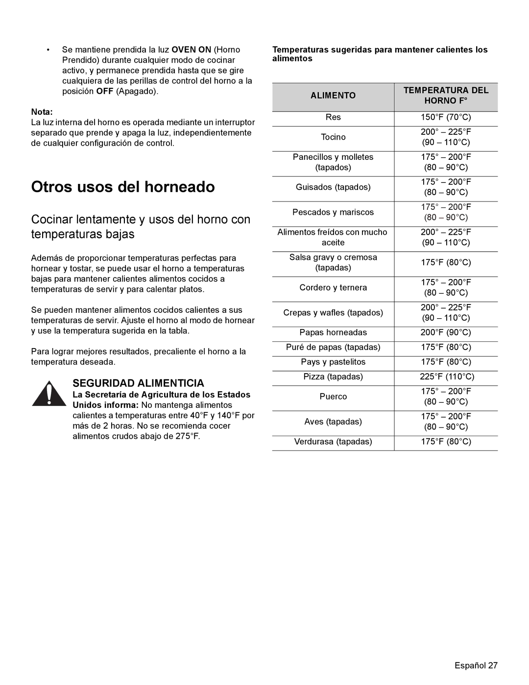 Thermador PRD36 Otros usos del horneado, Cocinar lentamente y usos del horno con temperaturas bajas, Seguridad Alimenticia 