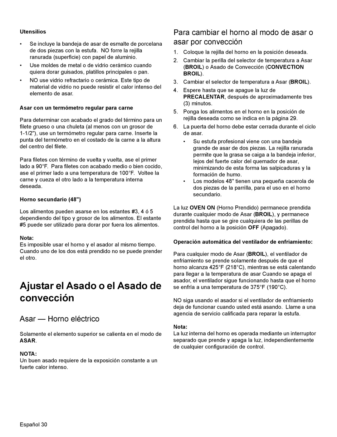 Thermador PRD36, PRD48, PRD30 manual Ajustar el Asado o el Asado de convección, Asar Horno eléctrico, Nota 