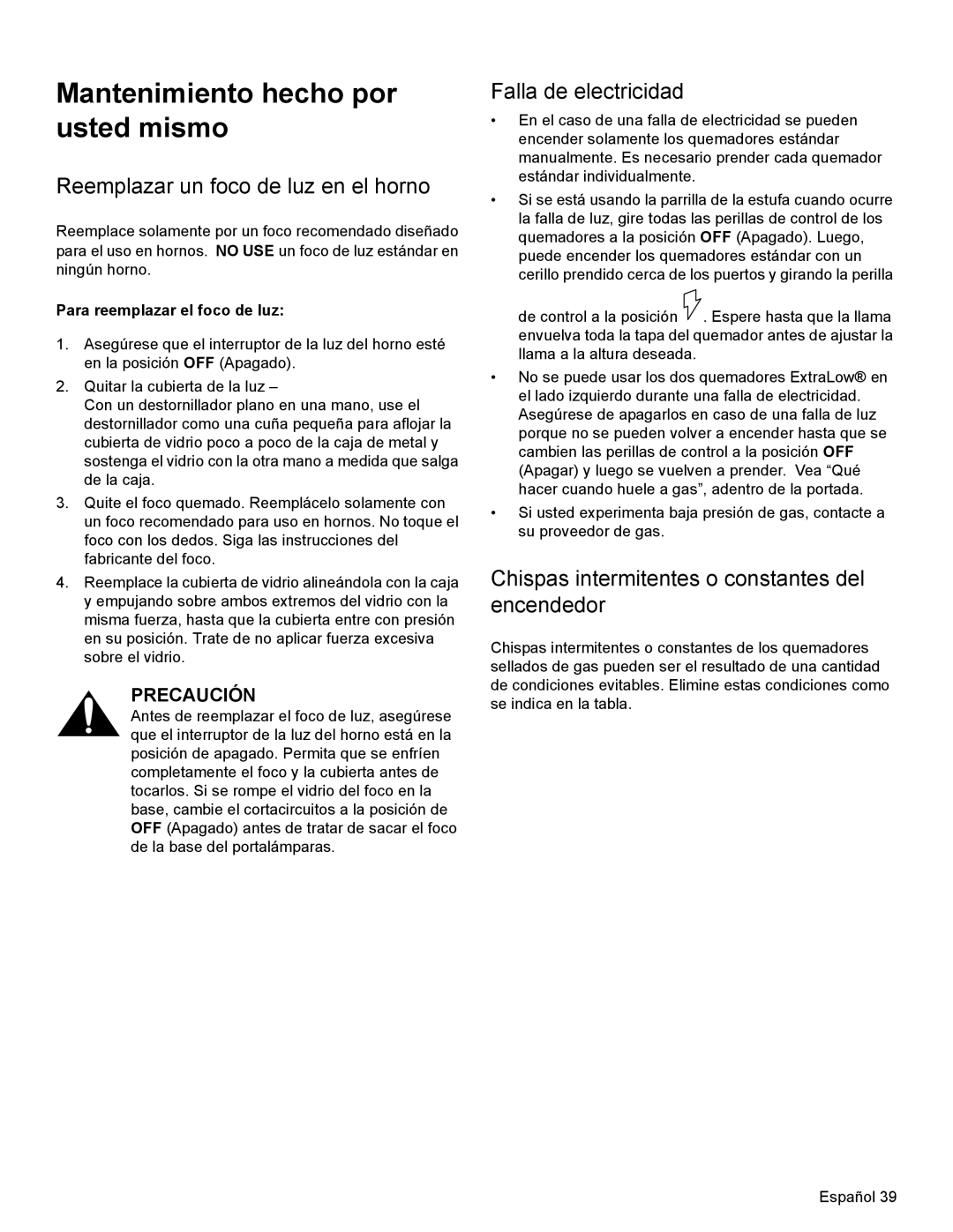 Thermador PRD36 Mantenimiento hecho por usted mismo, Reemplazar un foco de luz en el horno, Para reemplazar el foco de luz 