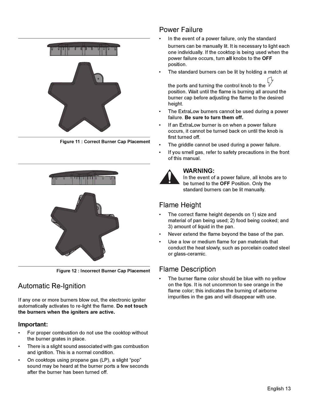 Thermador PRD48 Power Failure, Automatic Re-Ignition, Flame Height, Flame Description, Failure. Be sure to turn them off 