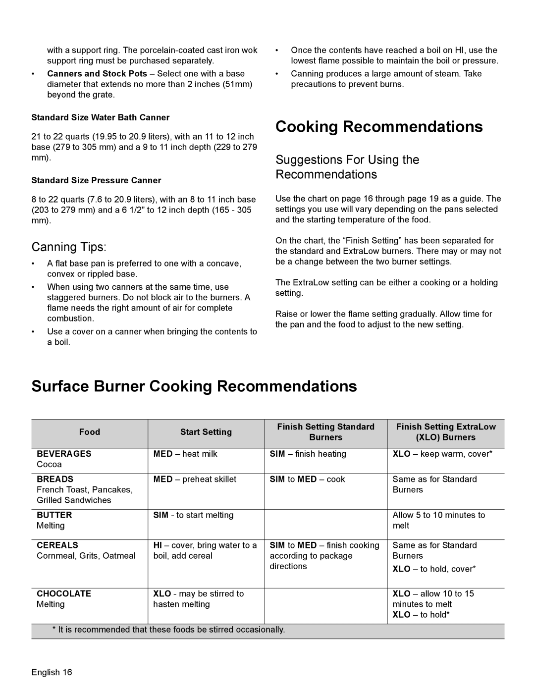 Thermador PRD48, PRD36 Surface Burner Cooking Recommendations, Canning Tips, Suggestions For Using Recommendations 