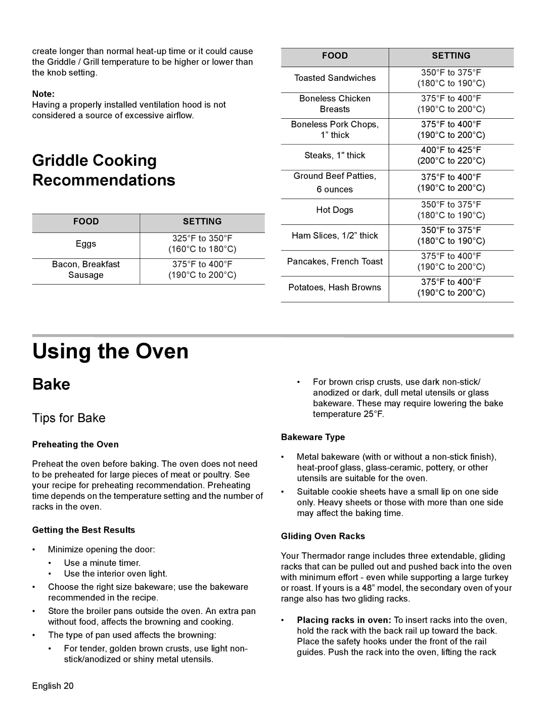 Thermador PRD36, PRD48, PRD30 manual Using the Oven, Griddle Cooking Recommendations, Tips for Bake, Food Setting 