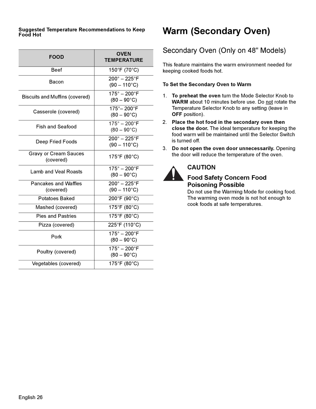 Thermador PRD36, PRD48, PRD30 manual Warm Secondary Oven, Secondary Oven Only on 48 Models, Food Oven Temperature 