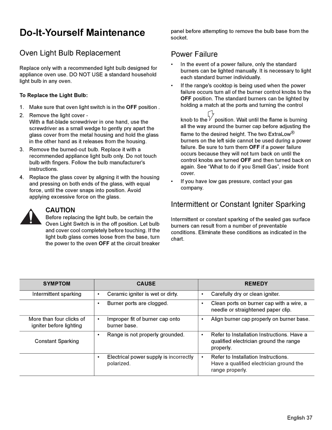 Thermador PRD48, PRD36 Do-It-Yourself Maintenance, Oven Light Bulb Replacement, Intermittent or Constant Igniter Sparking 