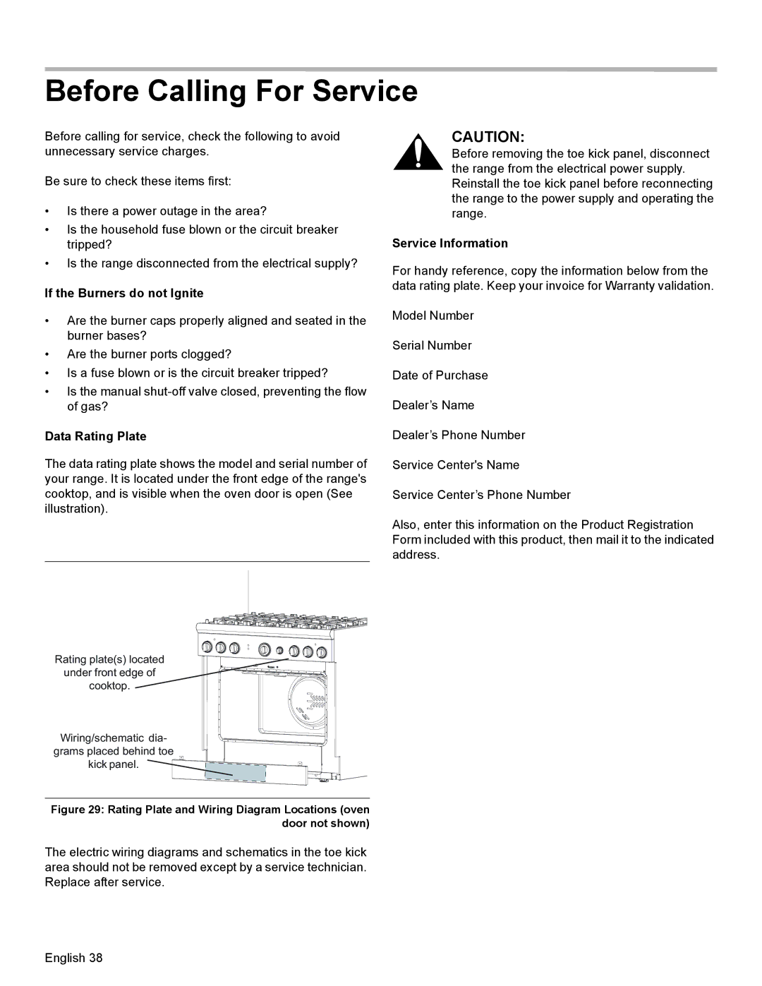 Thermador PRD36, PRD48 Before Calling For Service, If the Burners do not Ignite, Data Rating Plate, Service Information 