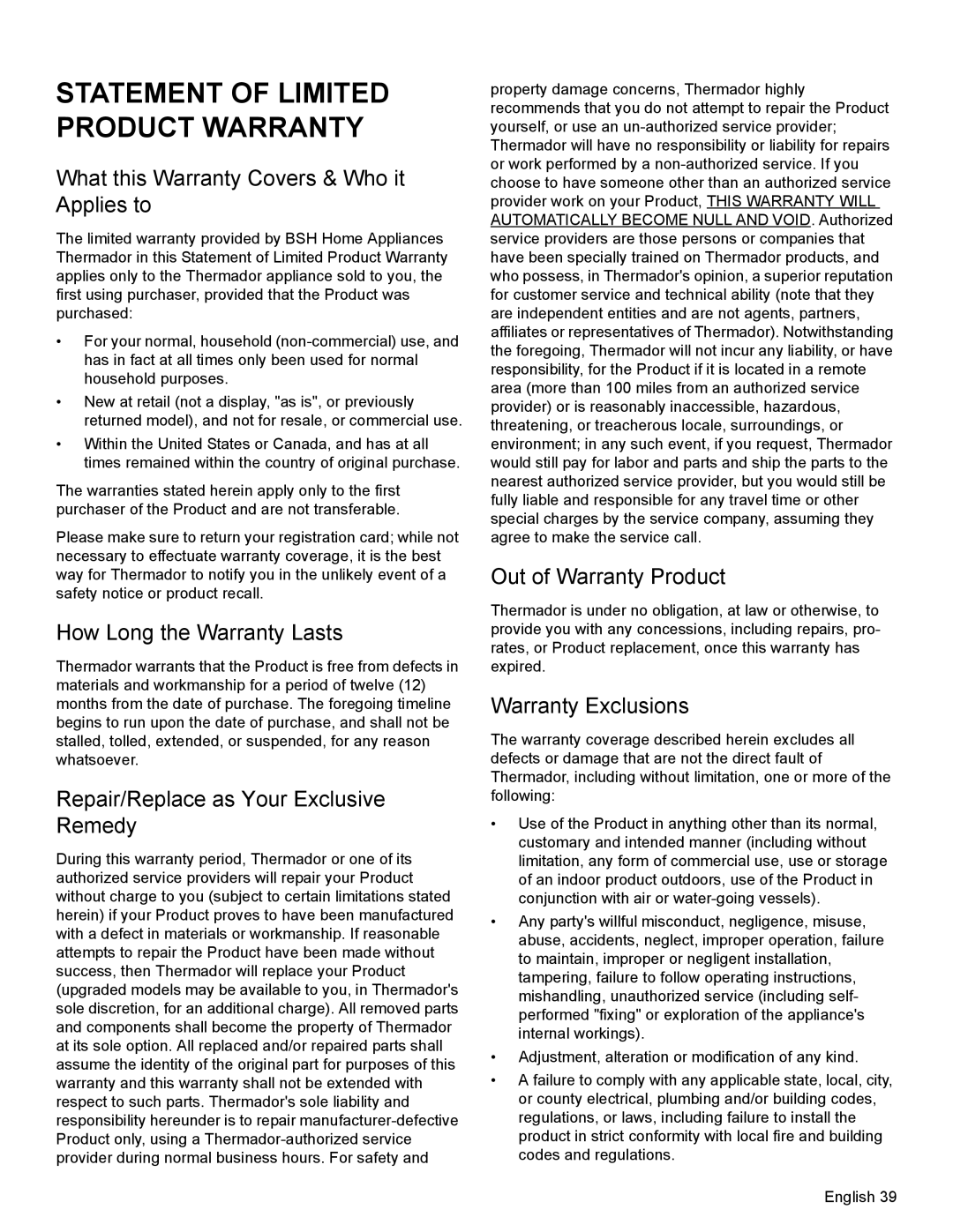 Thermador PRD30, PRD48 What this Warranty Covers & Who it Applies to, How Long the Warranty Lasts, Out of Warranty Product 