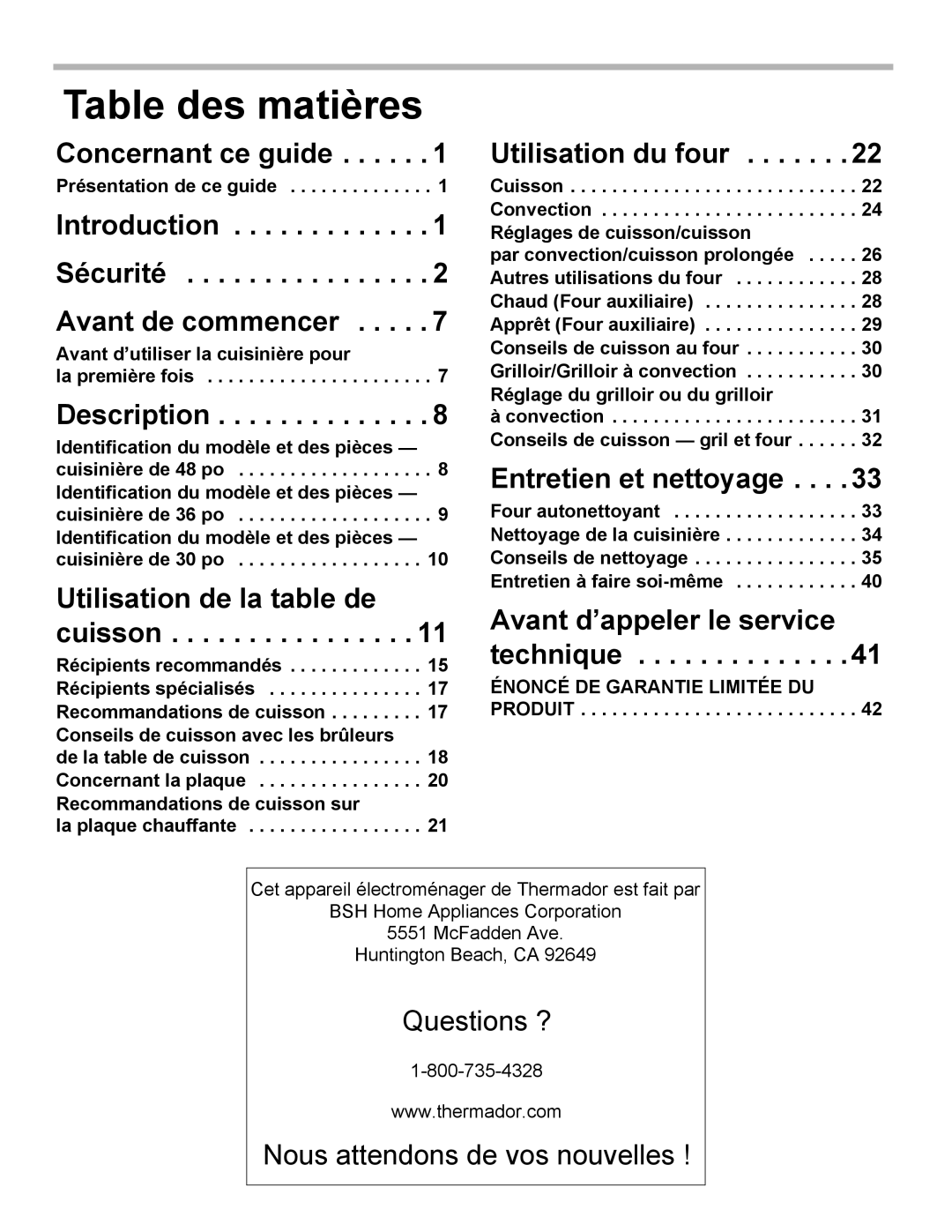 Thermador PRD30 Concernant ce guide, Utilisation du four, Entretien et nettoyage, Avant d’appeler le service technique 