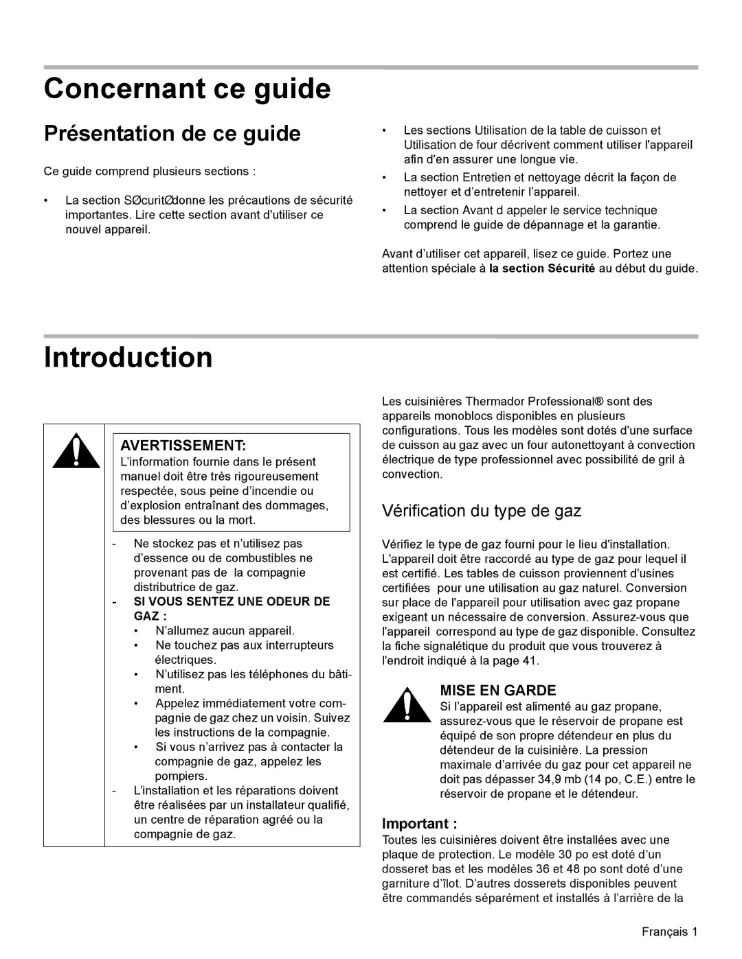 Thermador PRD48 Concernant ce guide, Présentation de ce guide, Vérification du type de gaz, Avertissement, Mise EN Garde 