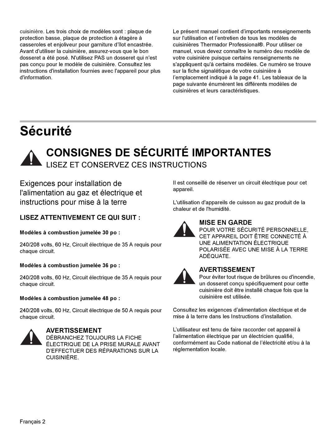 Thermador PRD36, PRD48, PRD30 manual Sécurité, Lisez Attentivement CE QUI Suit, Modèles à combustion jumelée 30 po 