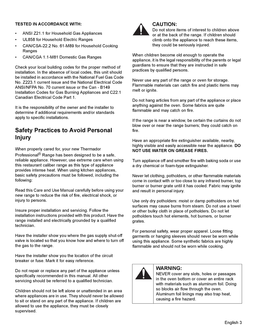 Thermador PRD30, PRD48 Safety Practices to Avoid Personal Injury, Tested in Accordance with, Not USE Water on Grease Fires 