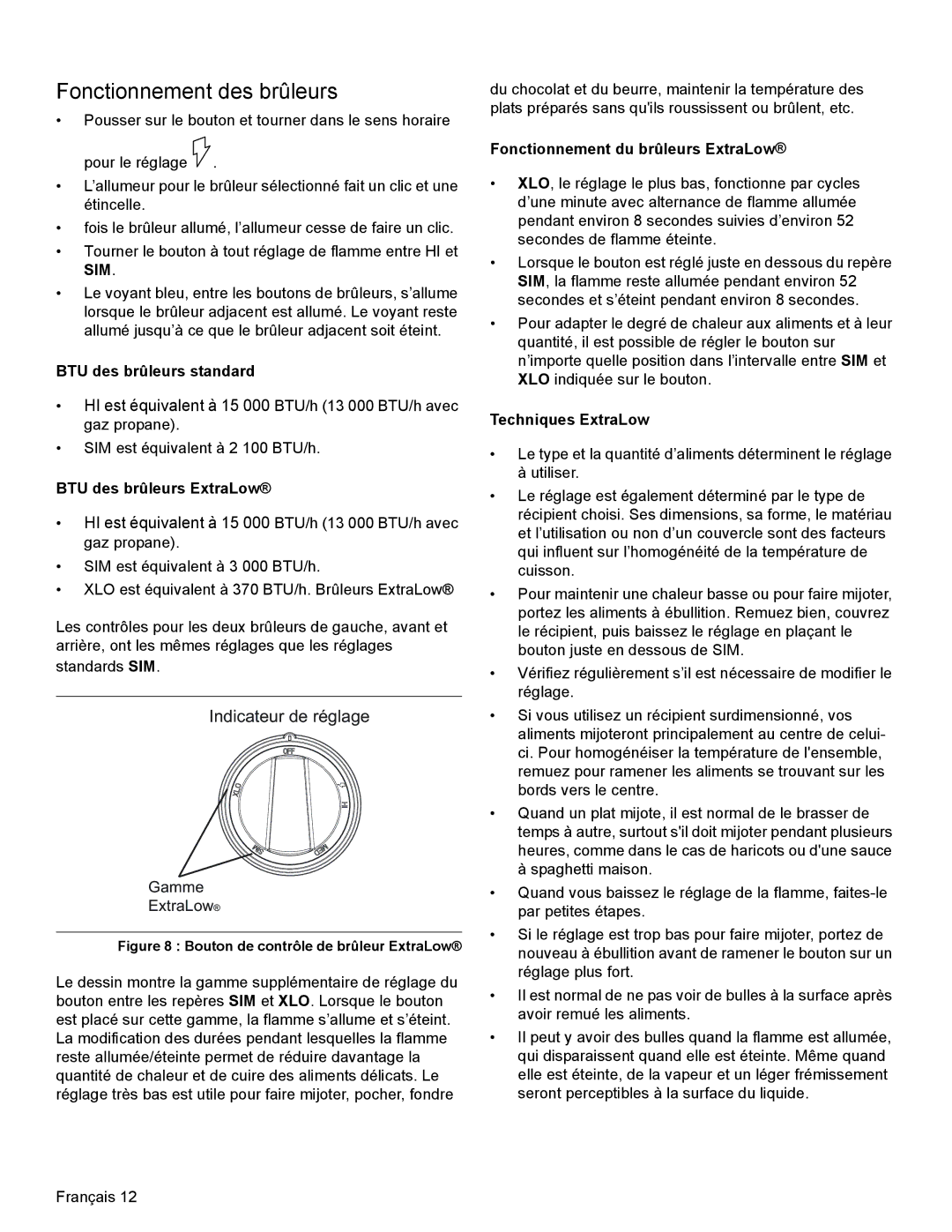 Thermador PRD30 Fonctionnement des brûleurs, BTU des brûleurs standard, BTU des brûleurs ExtraLow, Techniques ExtraLow 