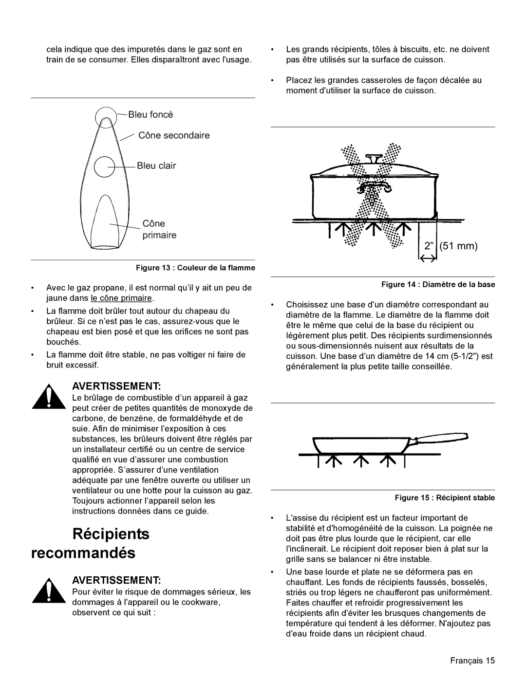 Thermador PRD30, PRD48, PRD36 manual Récipients Recommandés, Couleur de la flamme 