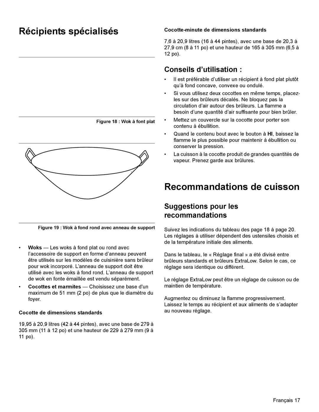 Thermador PRD36, PRD48, PRD30 manual Récipients spécialisés, Recommandations de cuisson, Conseils d’utilisation 