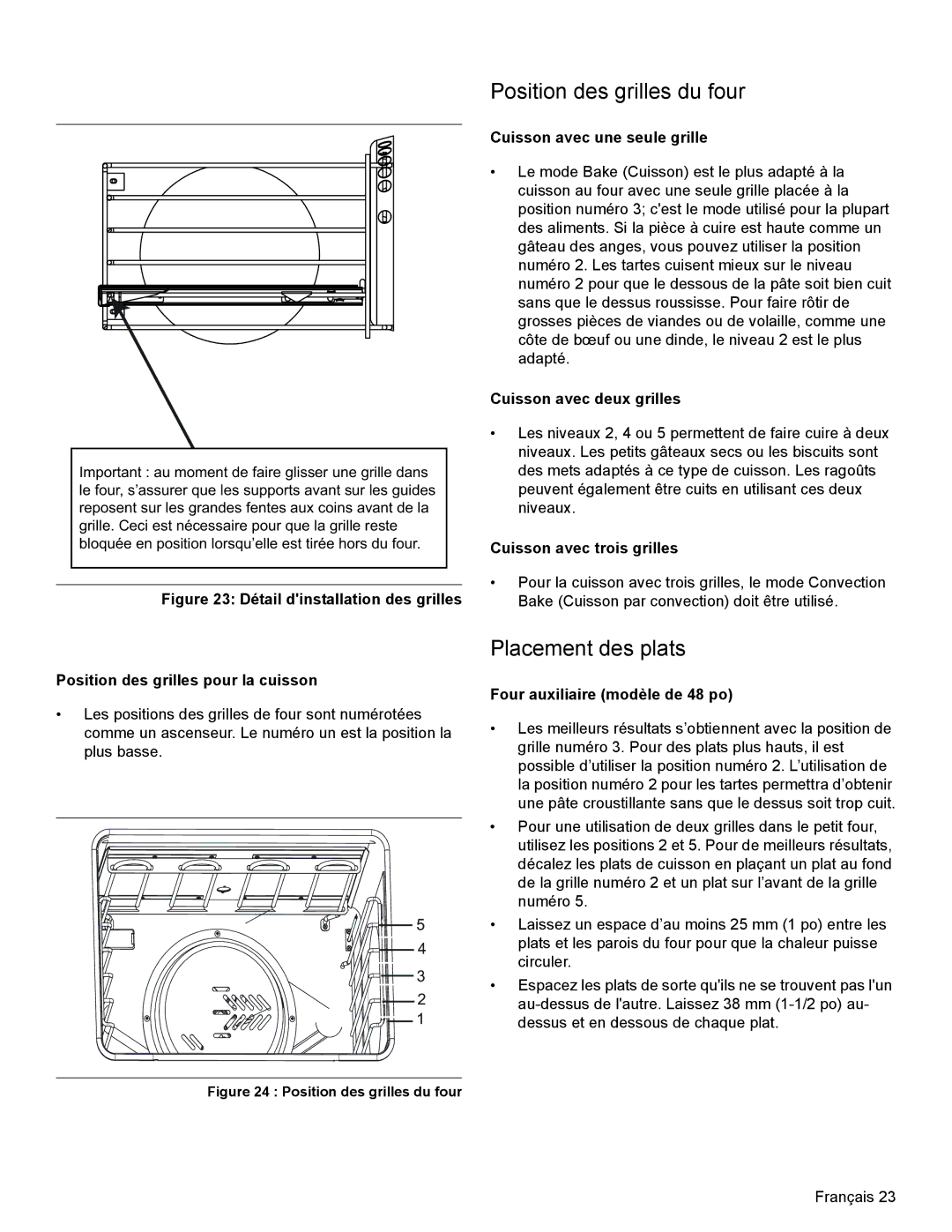 Thermador PRD36, PRD48, PRD30 manual Position des grilles du four, Placement des plats 