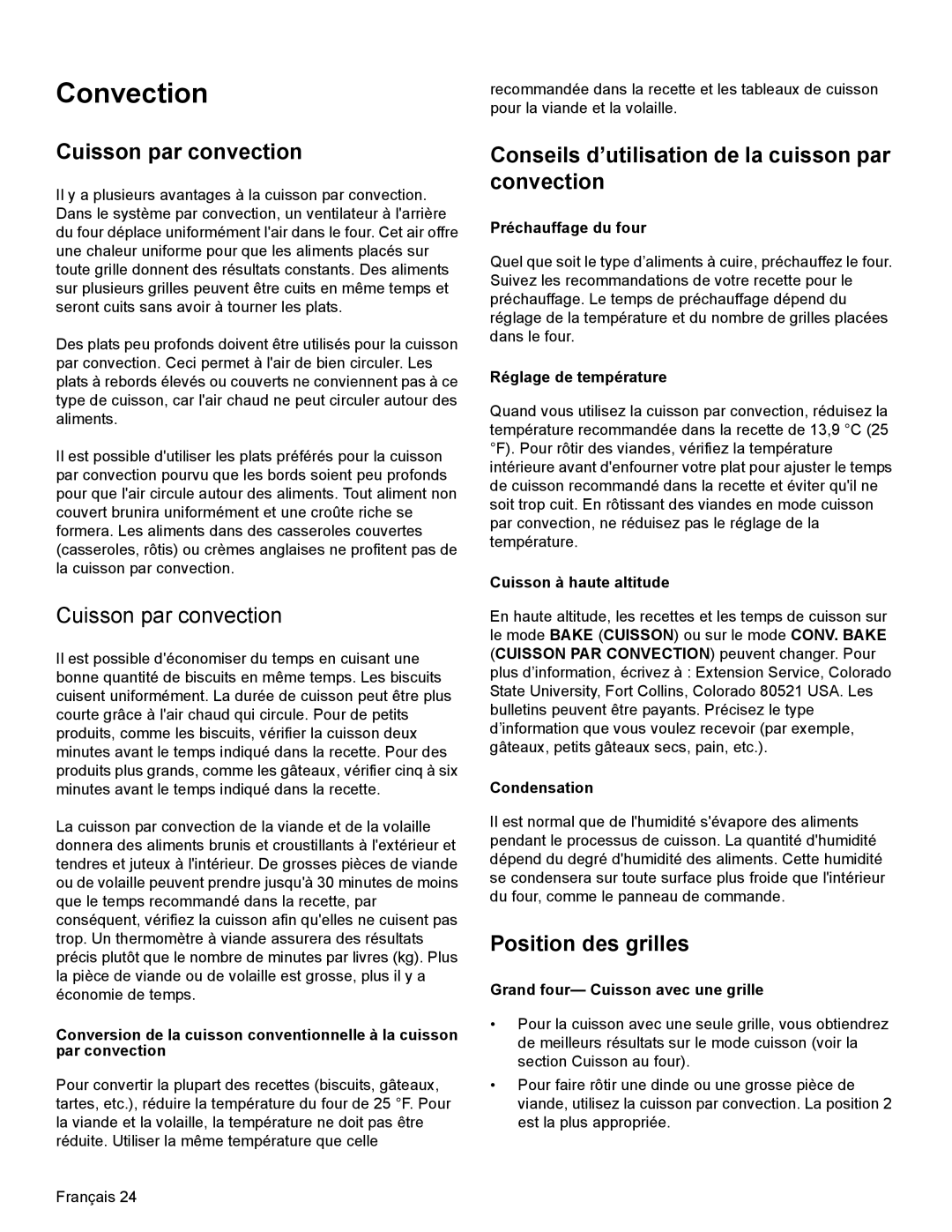 Thermador PRD30, PRD48 Cuisson par convection, Conseils d’utilisation de la cuisson par convection, Position des grilles 