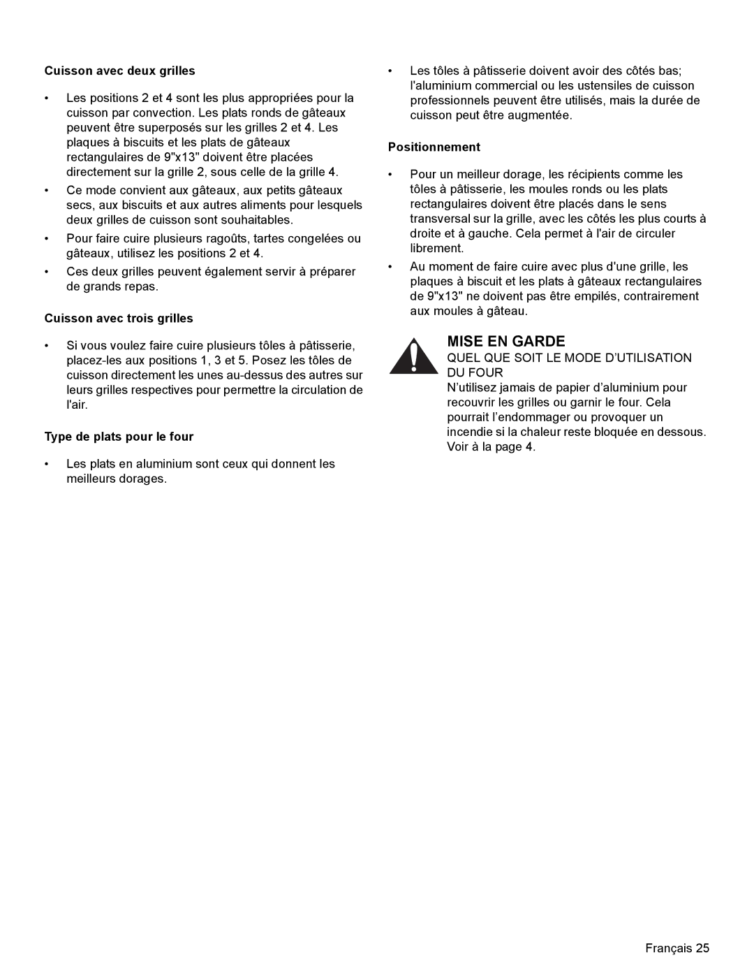 Thermador PRD48, PRD36, PRD30 manual Type de plats pour le four, Positionnement 