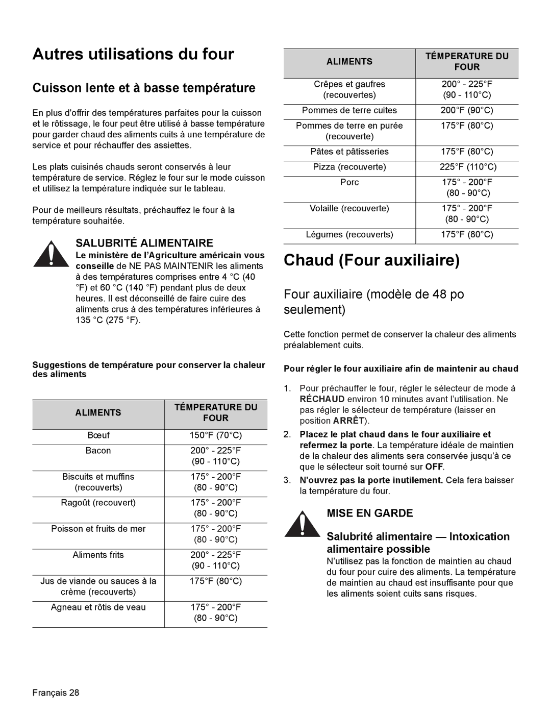 Thermador PRD48, PRD36, PRD30 manual Autres utilisations du four, Chaud Four auxiliaire, Cuisson lente et à basse température 