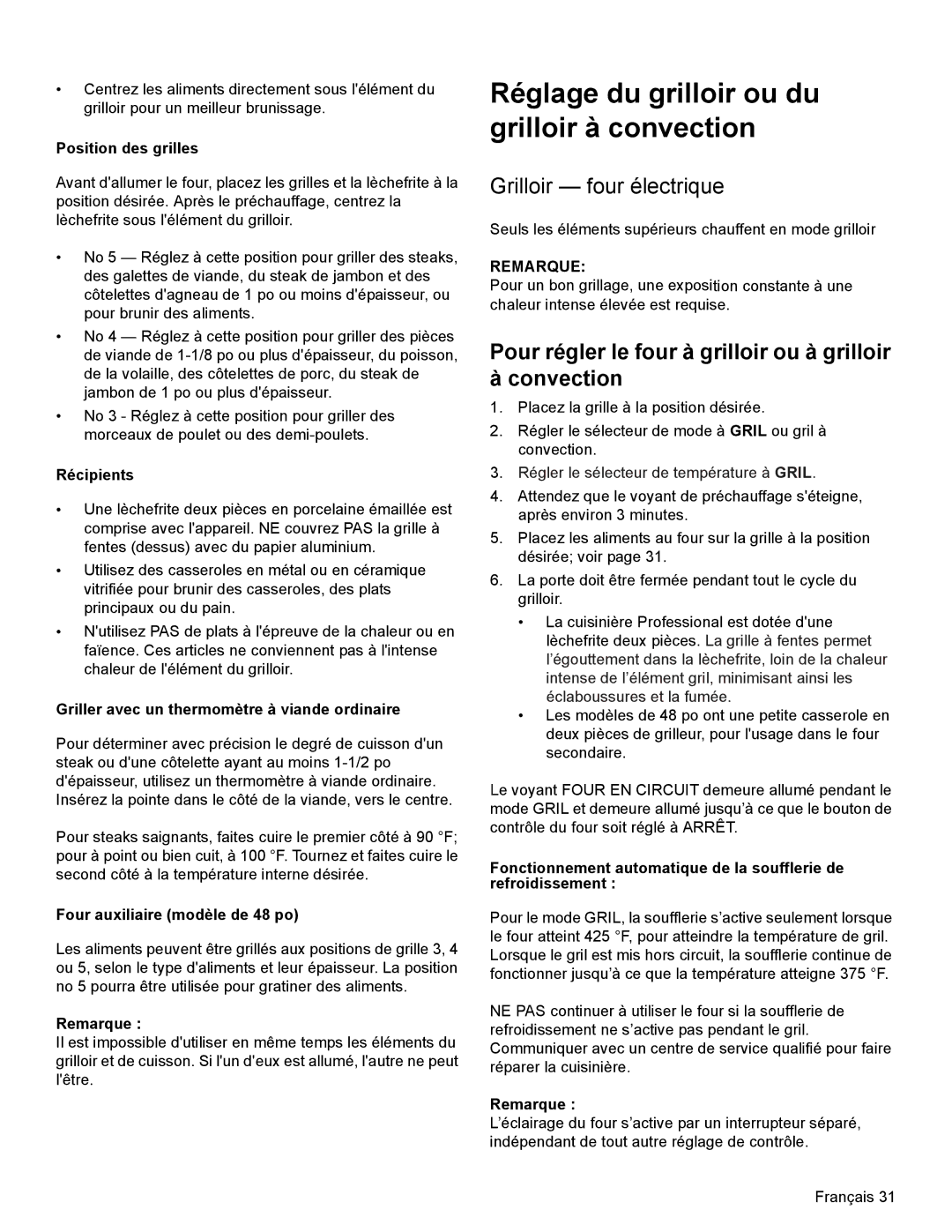 Thermador PRD48, PRD36, PRD30 manual Réglage du grilloir ou du grilloir à convection, Grilloir four électrique, Remarque 