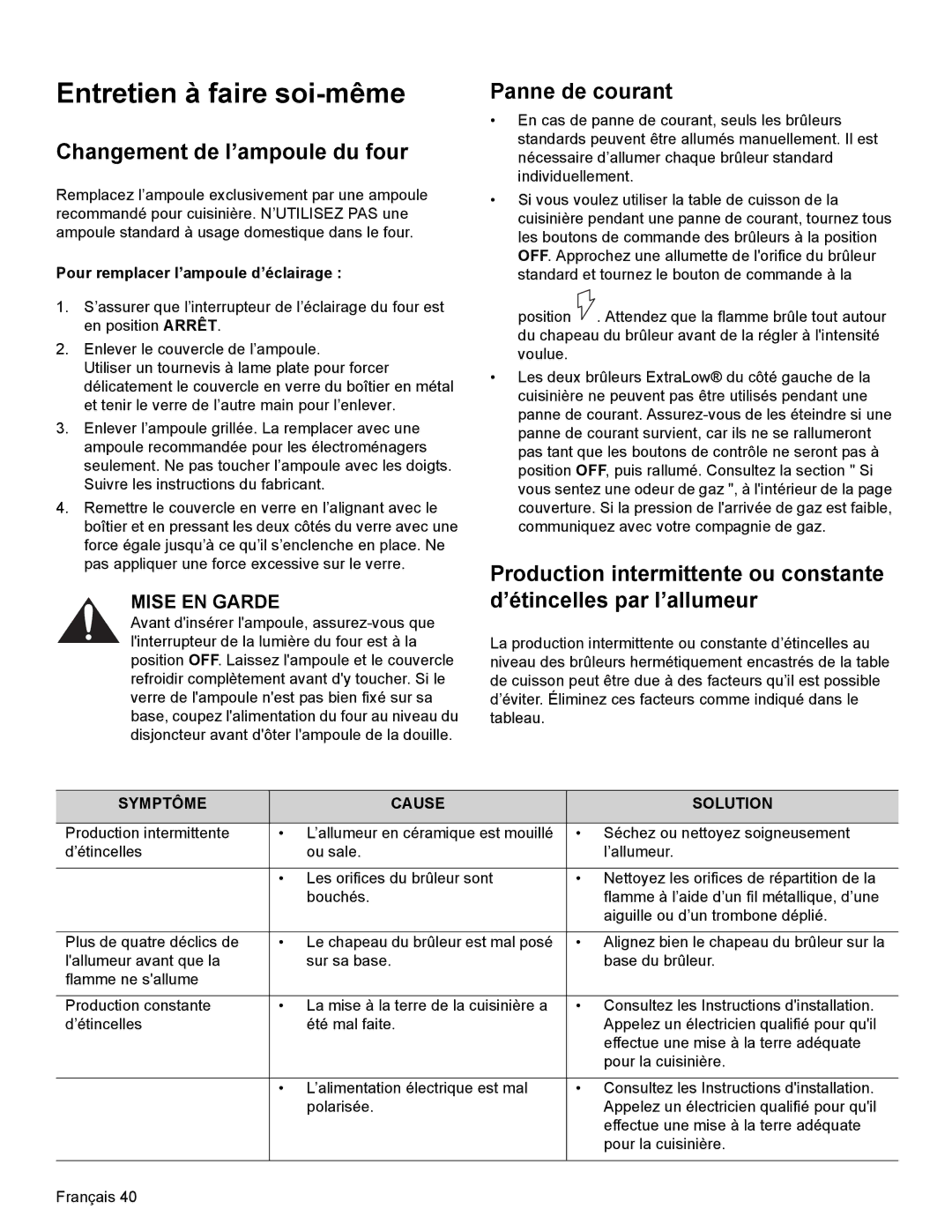 Thermador PRD48 Entretien à faire soi-même, Changement de l’ampoule du four, Panne de courant, Symptôme Cause Solution 