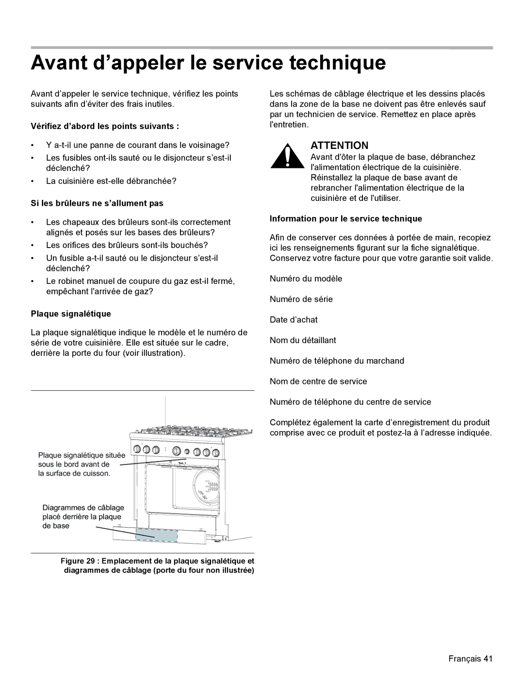 Thermador PRD36, PRD48 Avant d’appeler le service technique, Vérifiez d’abord les points suivants, Plaque signalétique 