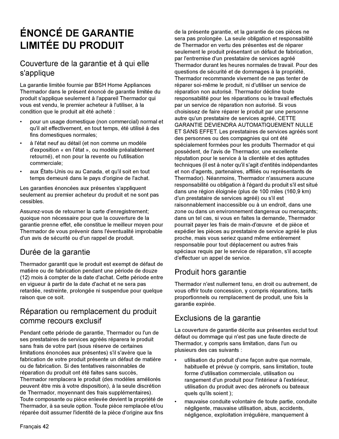 Thermador PRD30, PRD48 manual Couverture de la garantie et à qui elle sapplique, Durée de la garantie, Produit hors garantie 