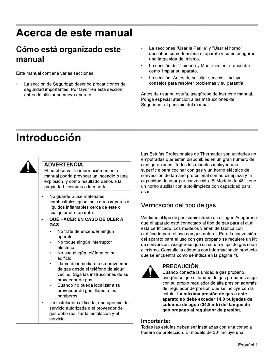 Thermador PRD30, PRD48 Acerca de este manual, Introducción, Cómo está organizado este manual, Verificación del tipo de gas 