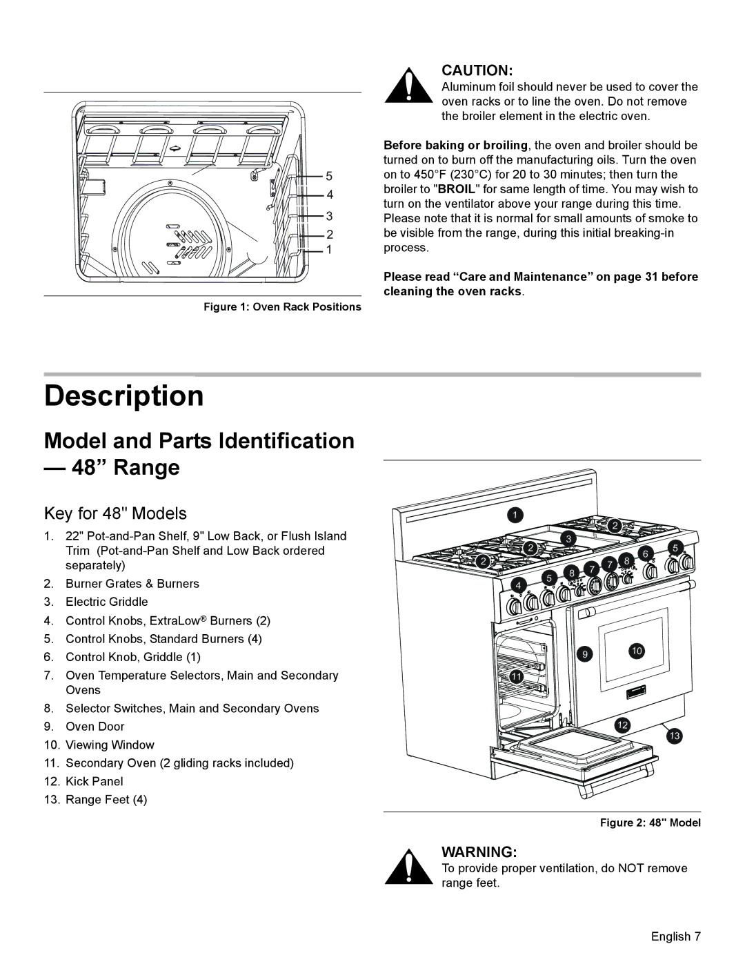 Thermador PRD48, PRD36, PRD30 manual Description, Model and Parts Identification Range, Key for 48 Models 