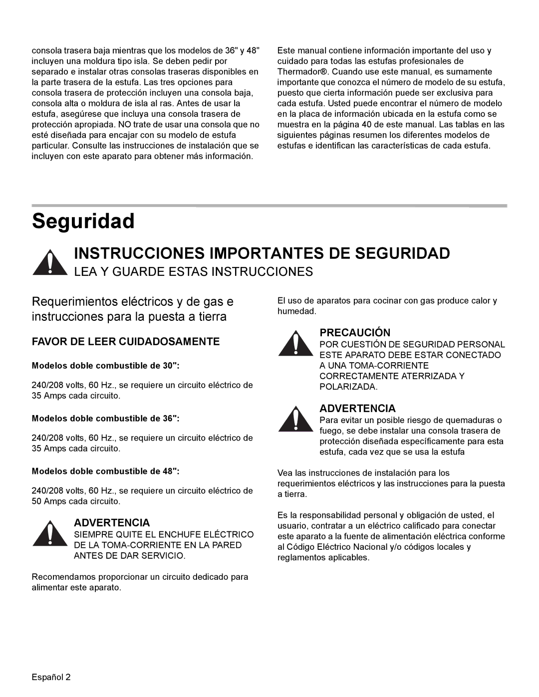 Thermador PRD48, PRD36, PRD30 manual Seguridad, Favor DE Leer Cuidadosamente, Modelos doble combustible de 