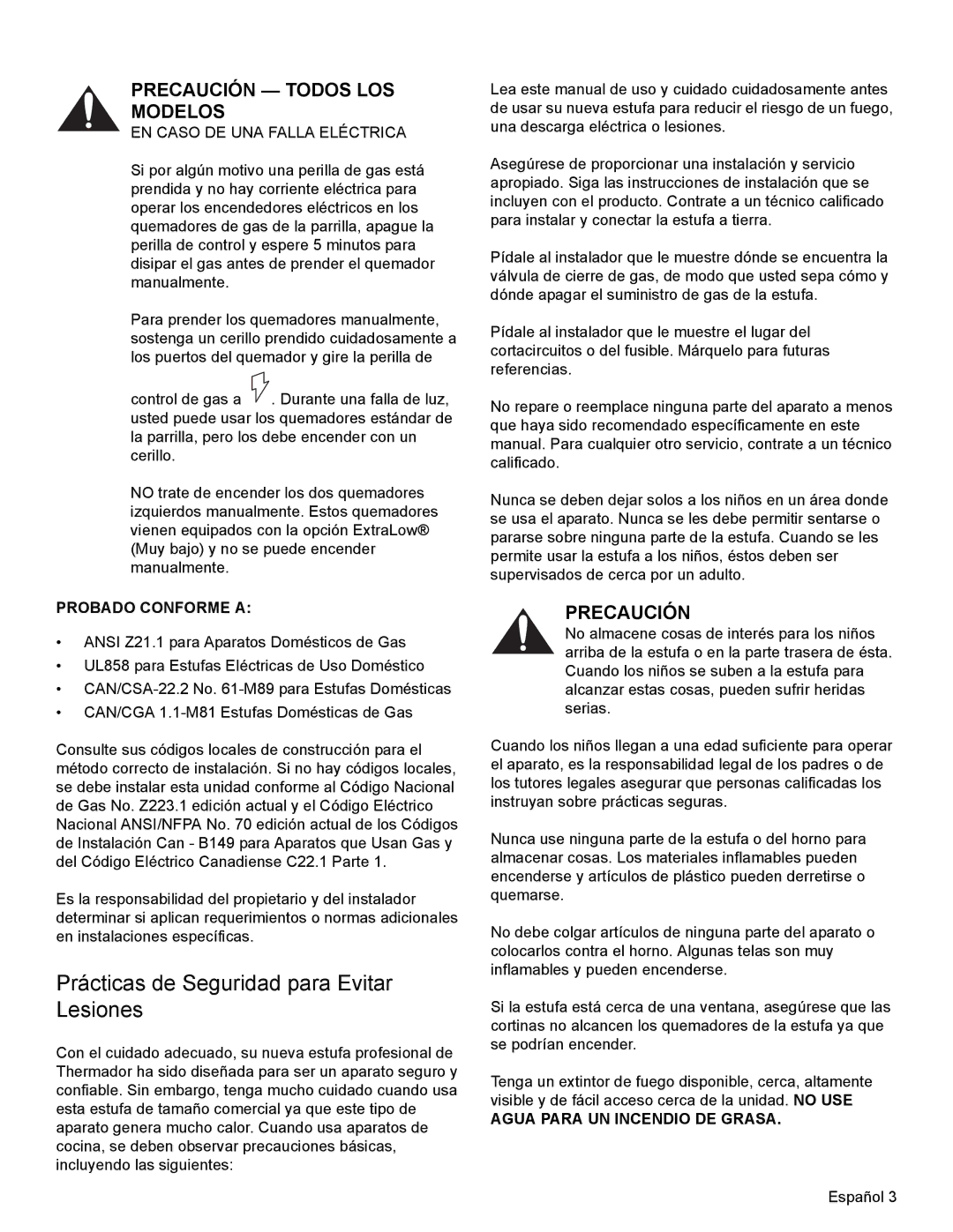 Thermador PRD36, PRD48, PRD30 Prácticas de Seguridad para Evitar Lesiones, Precaución Todos LOS Modelos, Probado Conforme a 