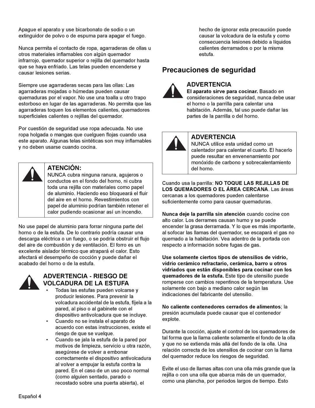 Thermador PRD30, PRD48, PRD36 manual Precauciones de seguridad, Atención, Advertencia Riesgo DE Volcadura DE LA Estufa 