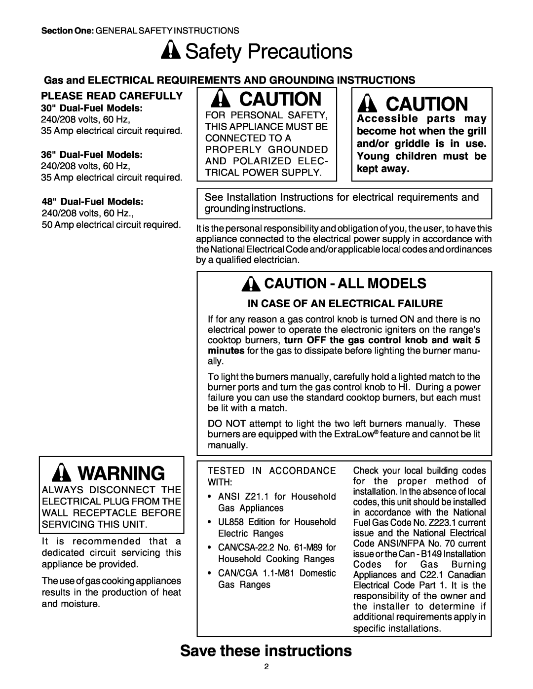 Thermador PRD36, PRD48, PRD30 Safety Precautions, Save these instructions, Caution - All Models, Please Read Carefully 