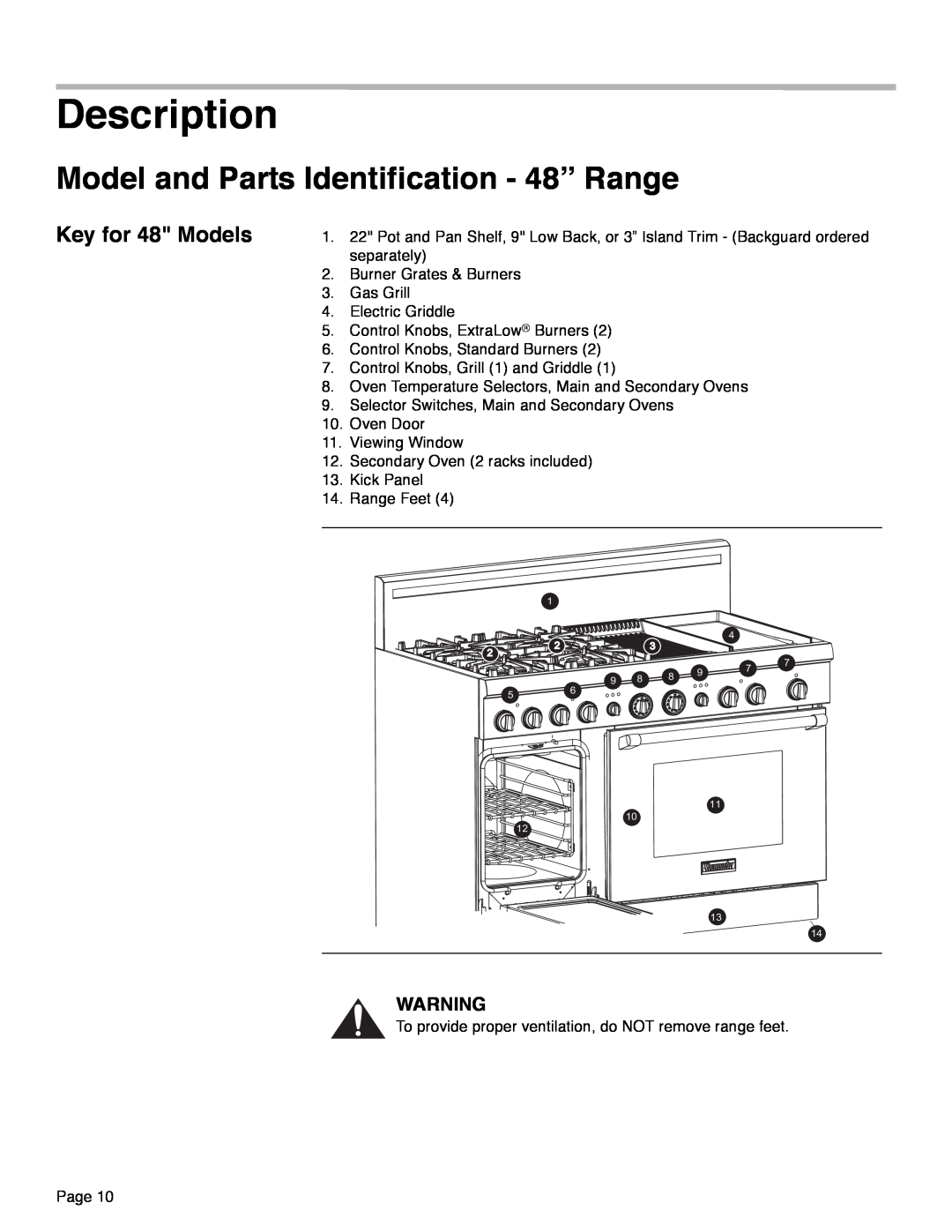 Thermador PRD36, PRD48, PRD30 manual Description, Model and Parts Identification - 48” Range, Key for 48 Models 