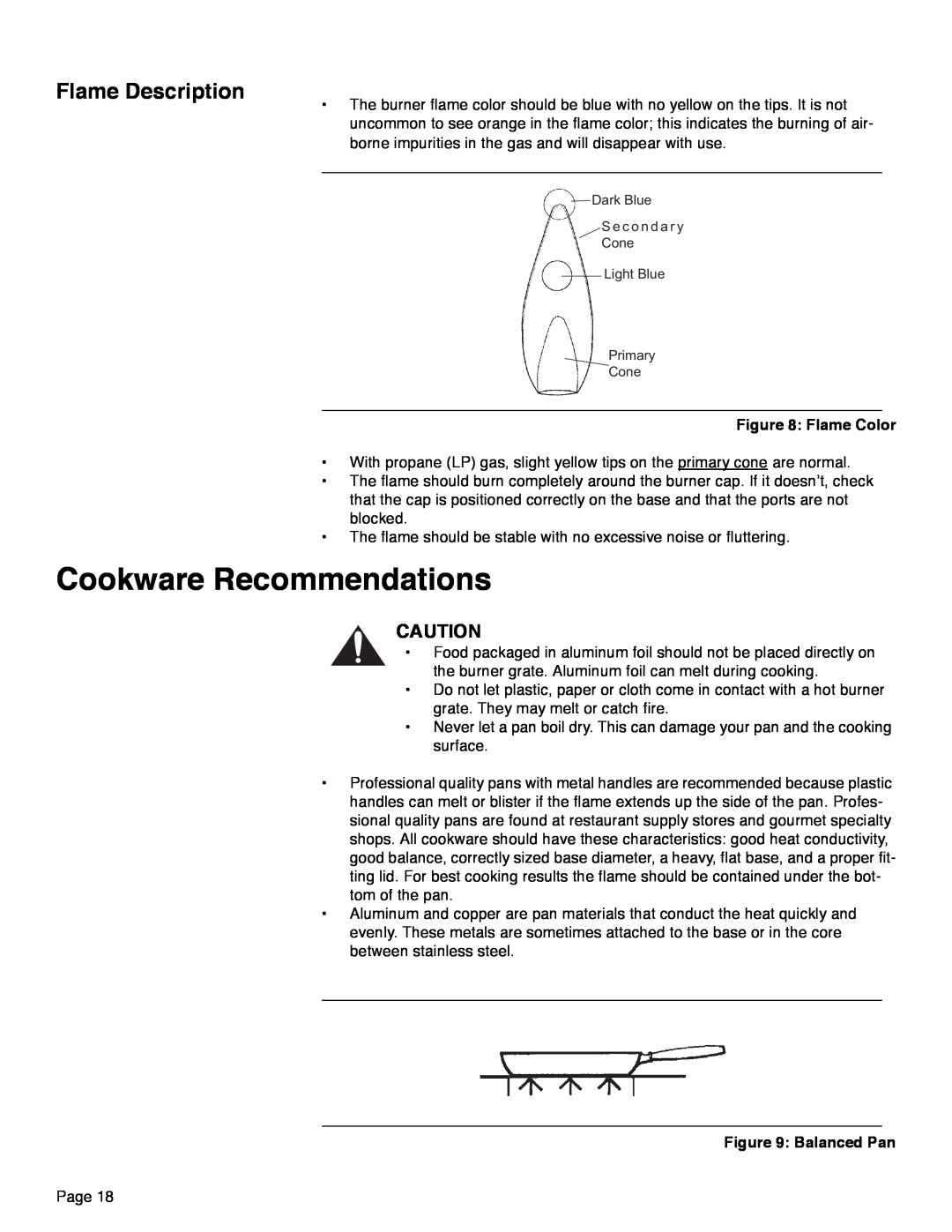 Thermador PRD48, PRD36, PRD30 manual Cookware Recommendations, Flame Description 