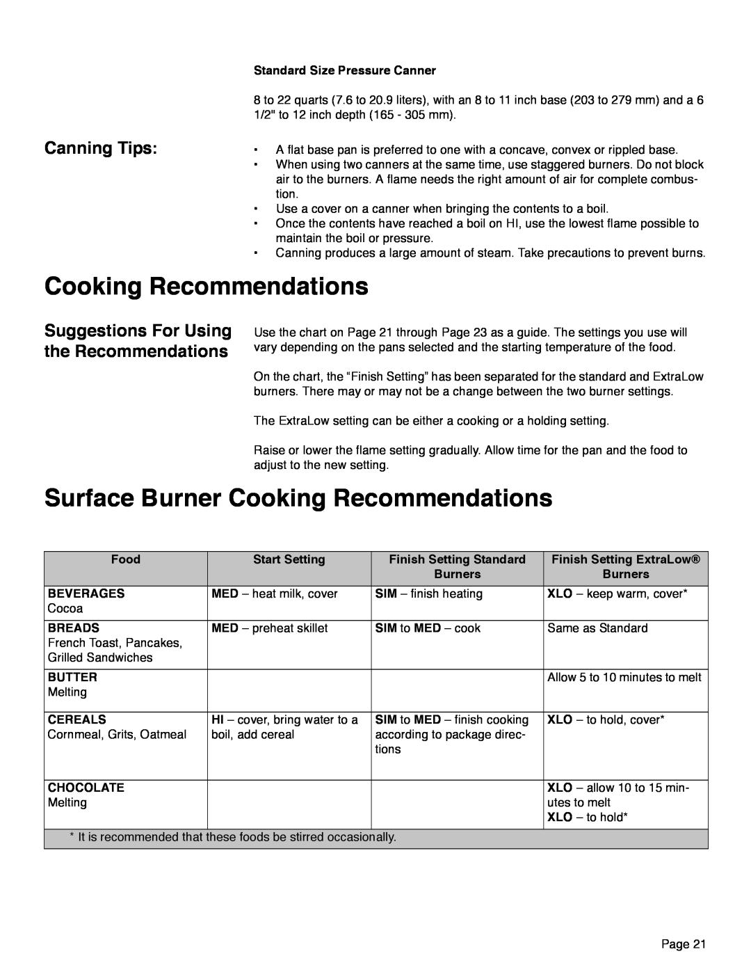 Thermador PRD48, PRD36 Surface Burner Cooking Recommendations, Canning Tips, Suggestions For Using the Recommendations 