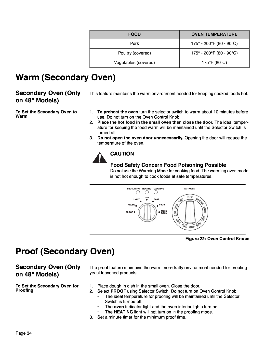 Thermador PRD36, PRD48 Secondary Oven Only on 48 Models, Food Safety Concern Food Poisoning Possible, Oven Temperature 