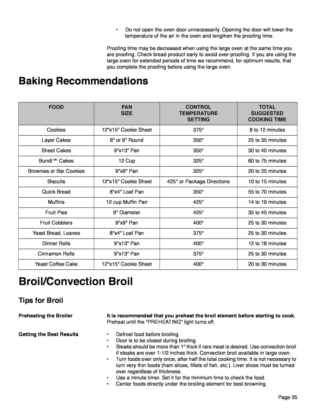Thermador PRD30, PRD48, PRD36 manual Broil/Convection Broil, Baking Recommendations, Tips for Broil 