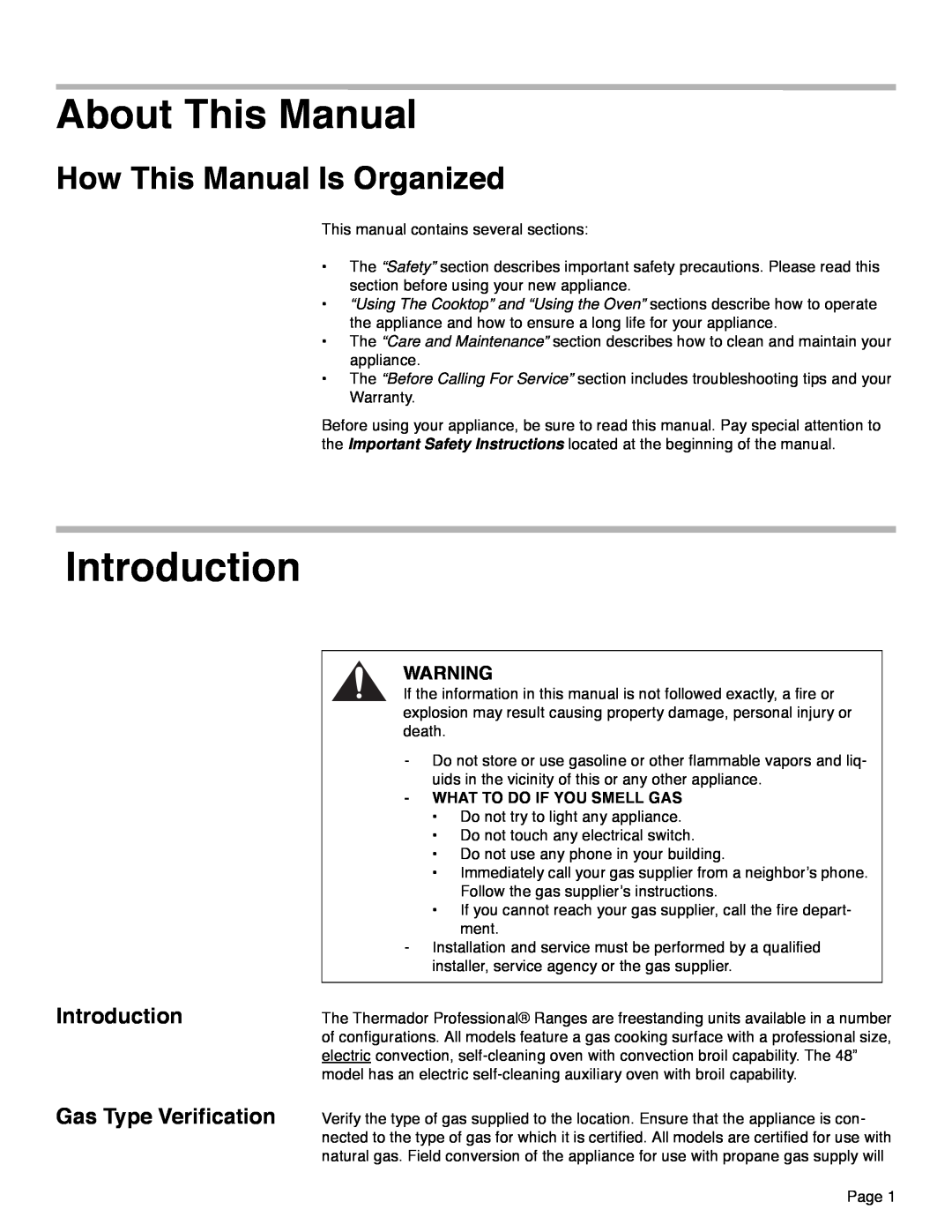 Thermador PRD36, PRD48, PRD30 manual About This Manual, How This Manual Is Organized, Introduction Gas Type Verification 