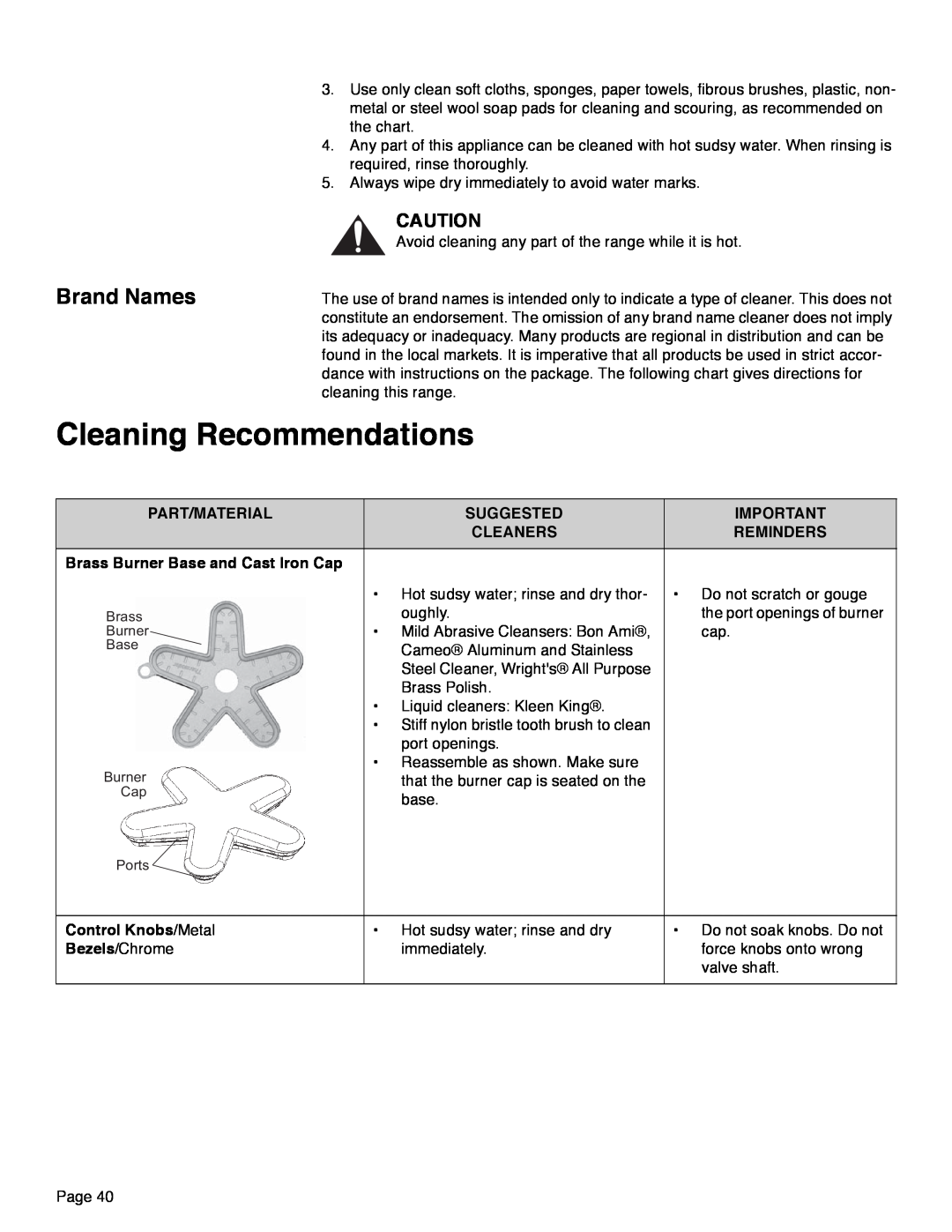 Thermador PRD36, PRD48, PRD30 manual Cleaning Recommendations, Brand Names 