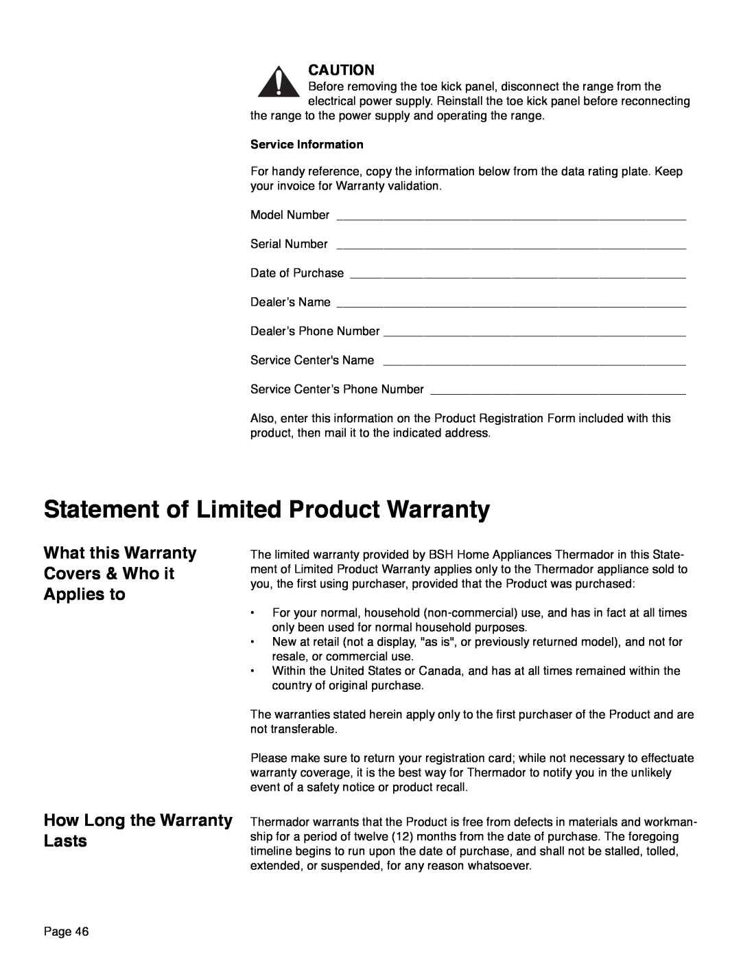 Thermador PRD36, PRD48, PRD30 manual Statement of Limited Product Warranty, What this Warranty Covers & Who it Applies to 