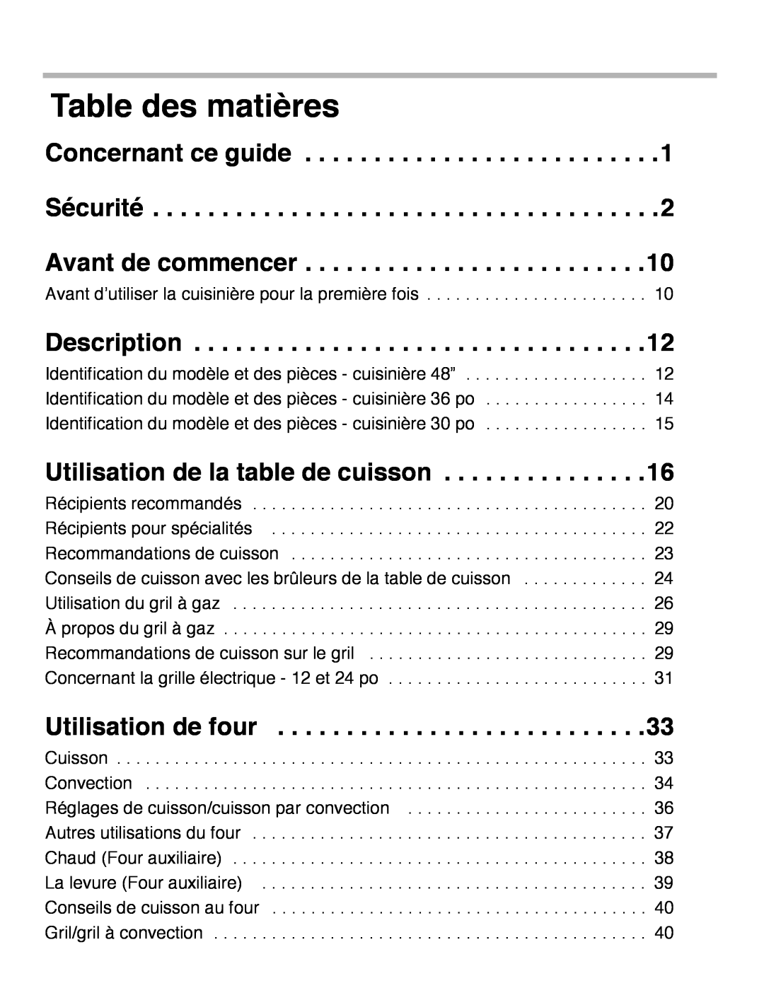 Thermador PRD48, PRD36, PRD30 manual Table des matières 