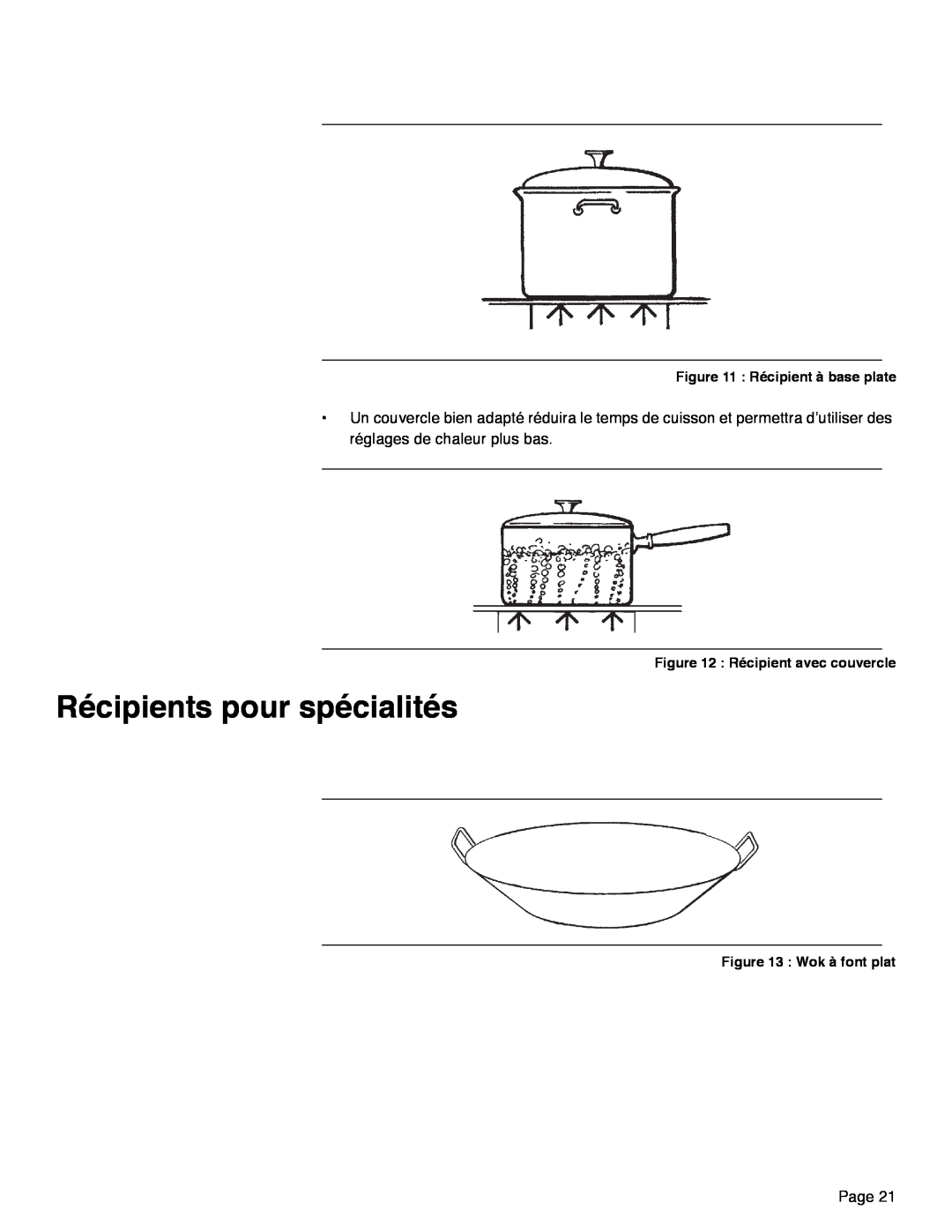 Thermador PRD36 manual Récipients pour spécialités, Page, Récipient à base plate, Récipient avec couvercle, Wok à font plat 