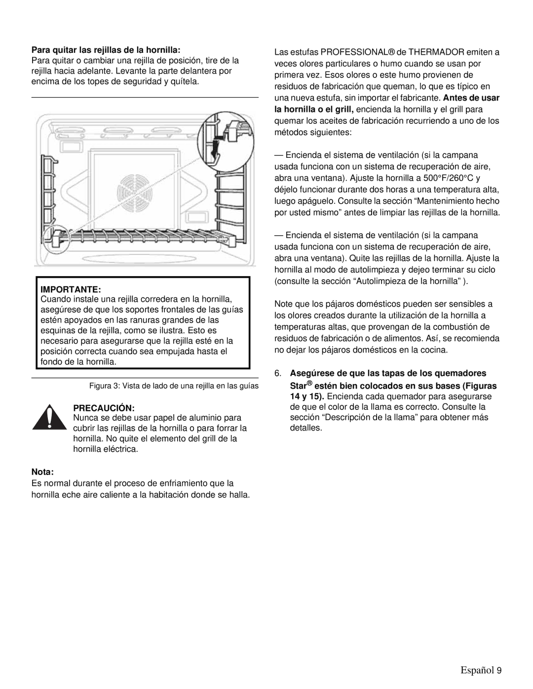 Thermador PRD36, PRD48 manual Para quitar las rejillas de la hornilla, Nota 